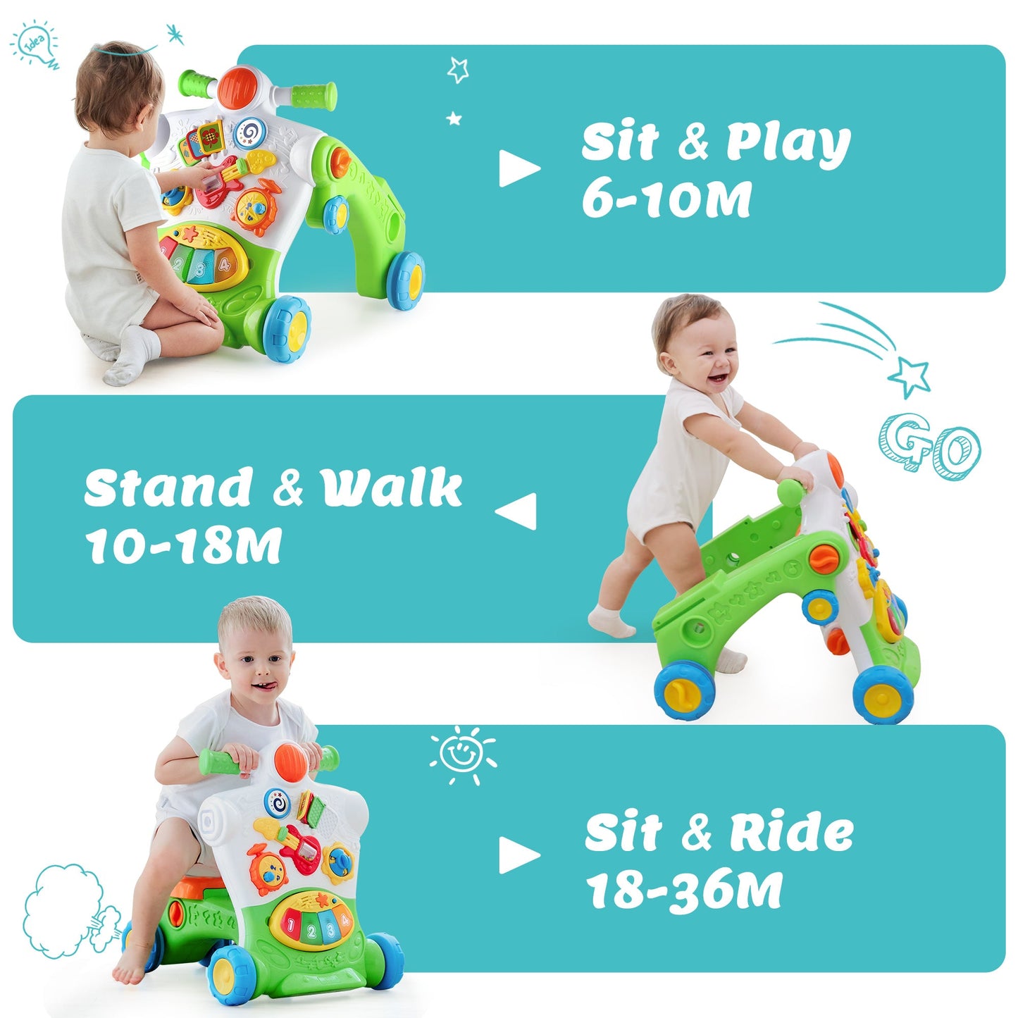 3 in 1 Baby Sit to Stand Walker Musical Activity Center